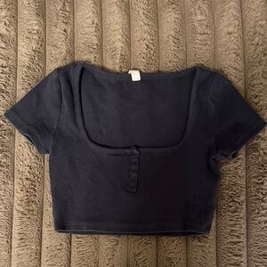 Women’s Black Scoop Neck Crop Top with Button Detail